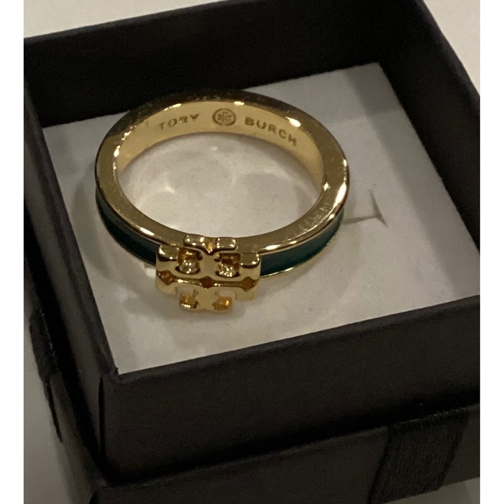 Tory Burch Kira Enamel Ring Gold Tone Hunter Green Logo Band size 8 - Picture 3 of 6